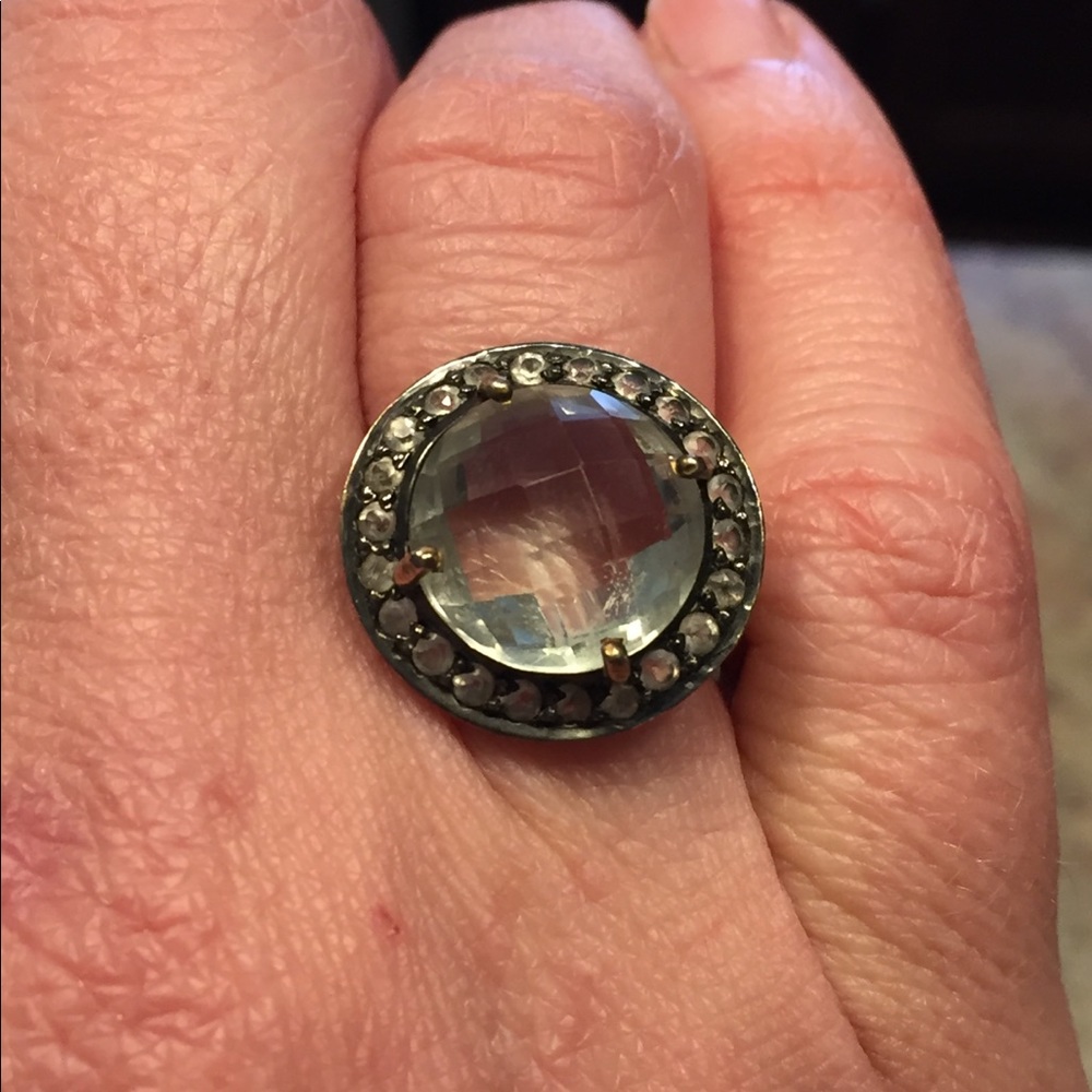 Green amethyst Pave white topaz round cut ring